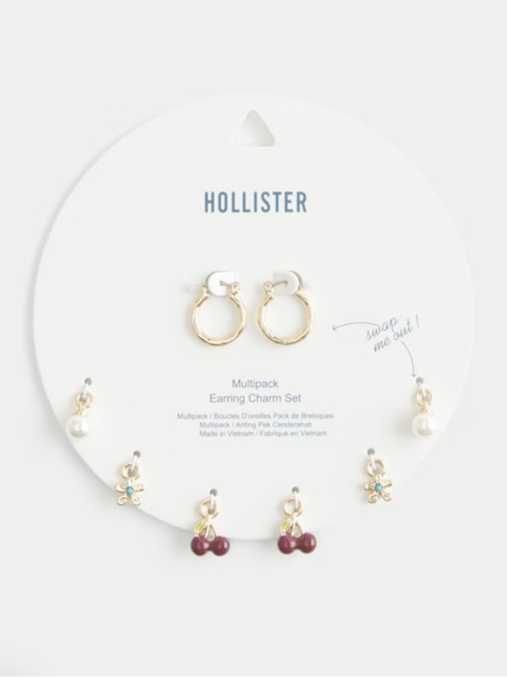 Hollister Gold Hoop & Charm Earring Set - White Pearl, Blue Flower & Cherry